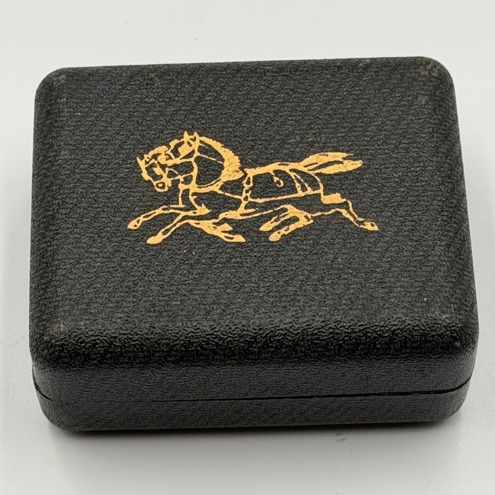 Vintage Black Faux Leather Gold Horse Presentation Jewelry Box Red Velvet Lining